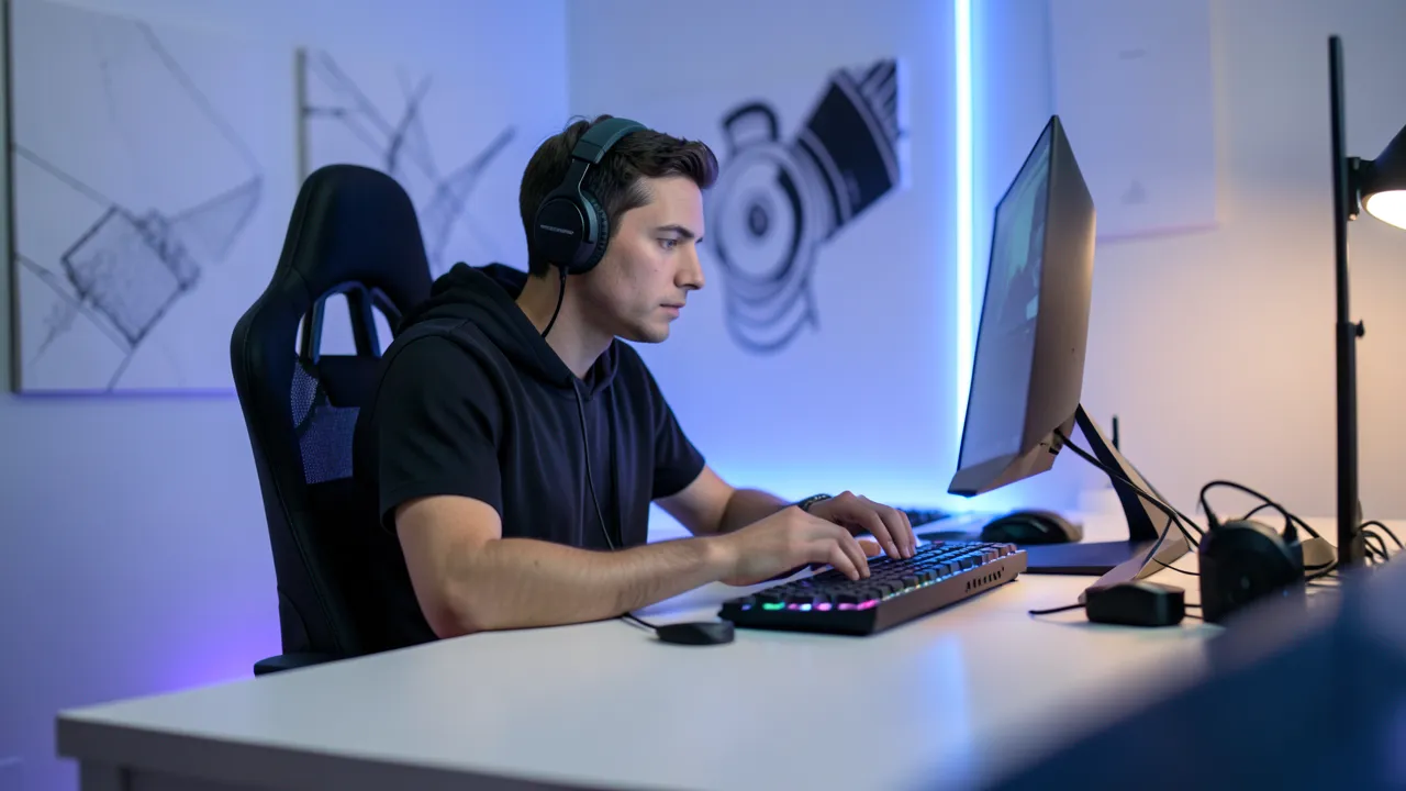 Fokussierte Person an einem sauberen Schreibtisch in einem modernen Studio mit gedämpftem, farbigem Licht und aufgeräumter Ausrüstung, scharfer Fokus und geringe Tiefenschärfe.